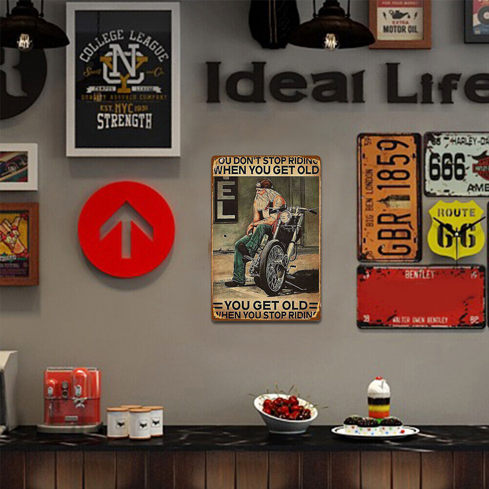 Old Man Riding Motorbike Metal Sign Plaque Wall Posters Decor for Home (B)