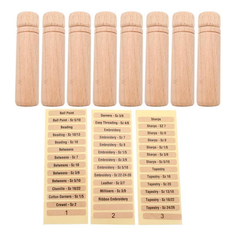 8Pcs Sewing Needle Storage Tubes Wood Lid with Labels Wooden Storage Case 2.36In