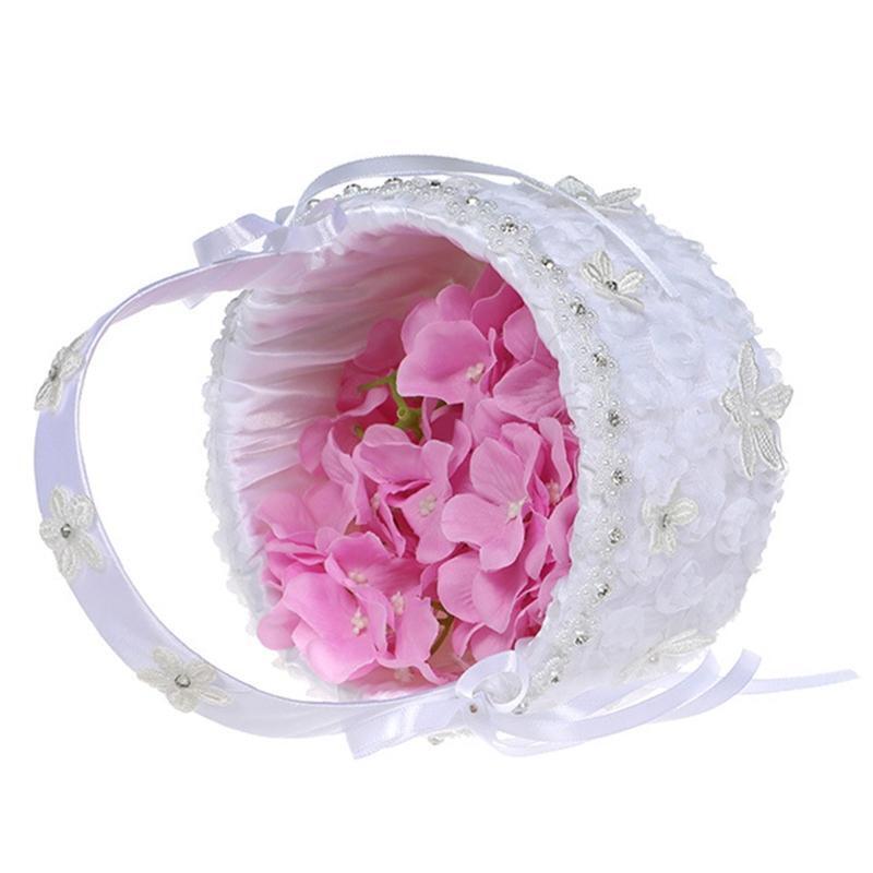 Flower Basket Suitable for Wedding Small White Satin Baskets Lace Flowers