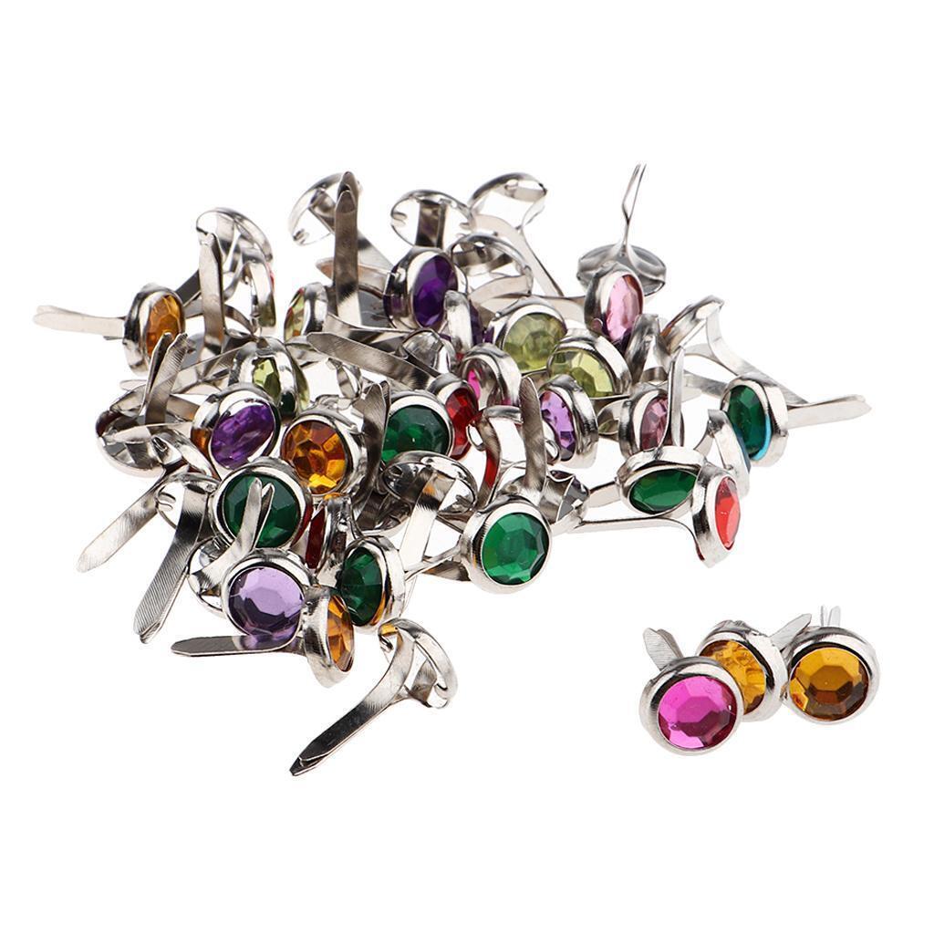 100 Pieces Assorted Color Metal Rhinestone Head Brads Paper Fasteners 7mm
