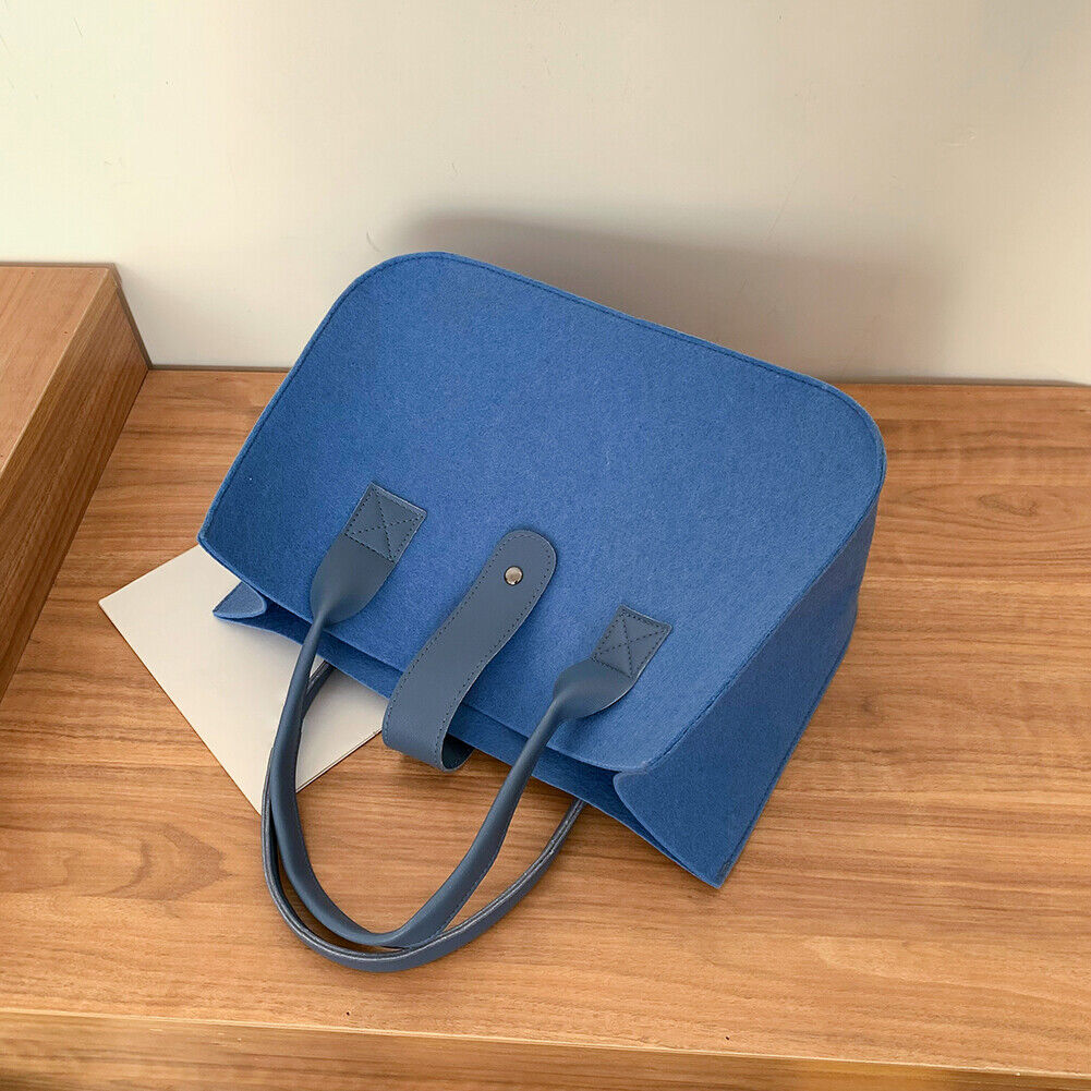 Women Felt PU Leather Quilted Tote Bag Solid Color Top-handle Bag (Blue)