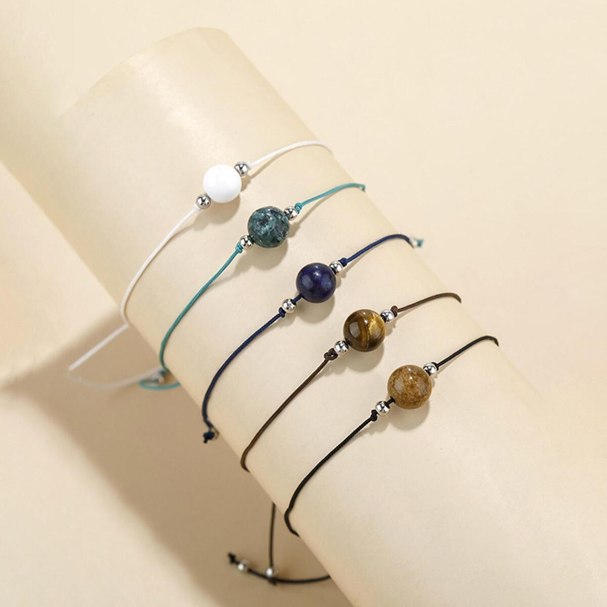 5 Pieces Braided Bead Bracelet Adjustable Wrist Jewelry Bangles for