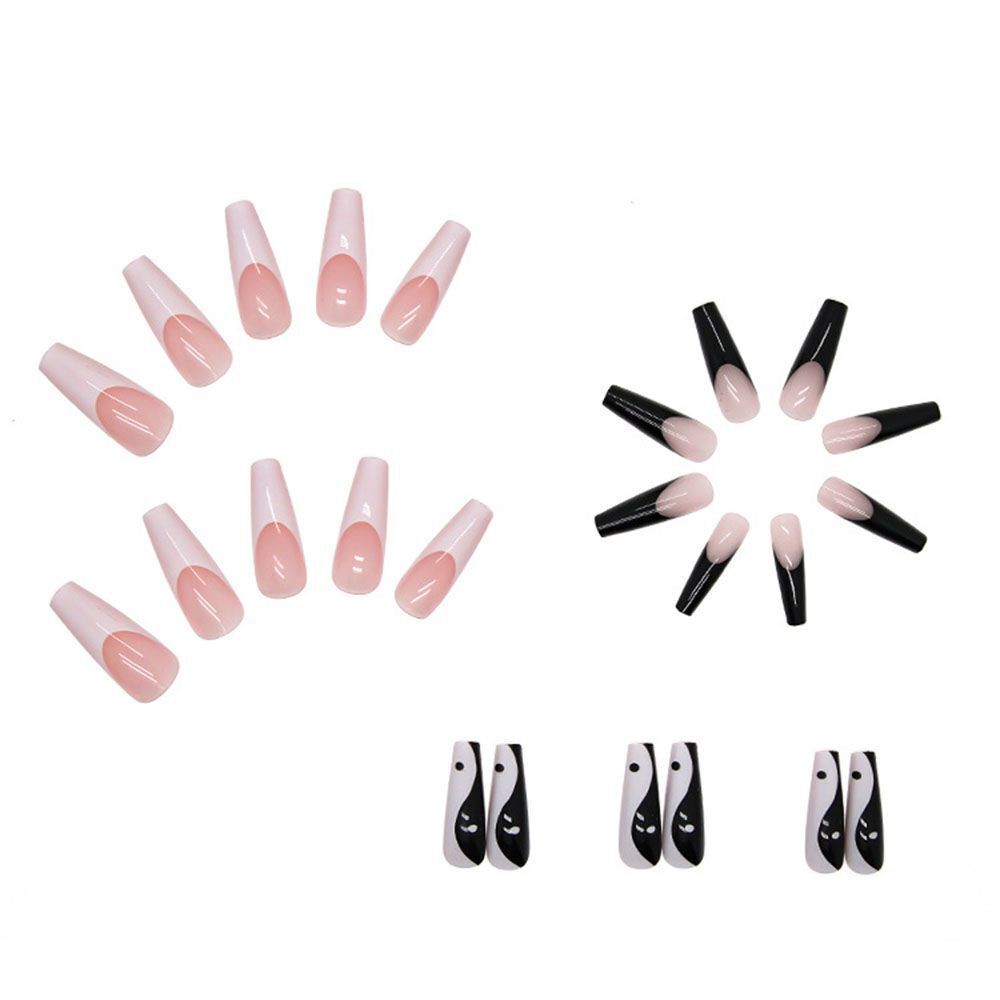 False Nail Tips White and Black Mixed Colors with Taichi Design Long Coffin