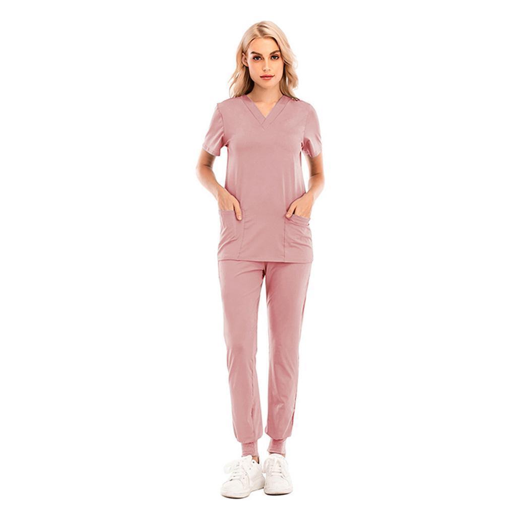 V Neck Nursing Scrub Set Women Short Sleeve Top Pants Workwear Spa Uniforms