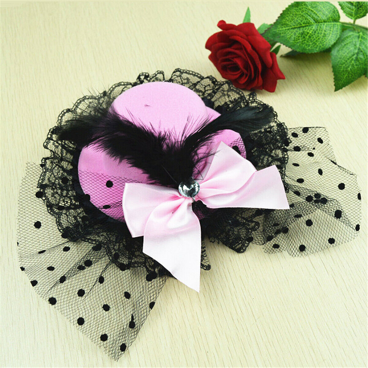 1pc Fashion Women Bow Hair Clip Lace Feather Mini Top Hat Fascinator Fancy Party