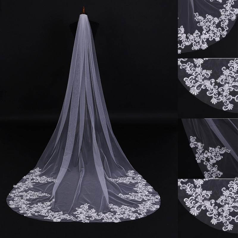 Bridal Veil 1-Layer Delicate Lace Trim Sheer Tulle Chapel Length 300cm White