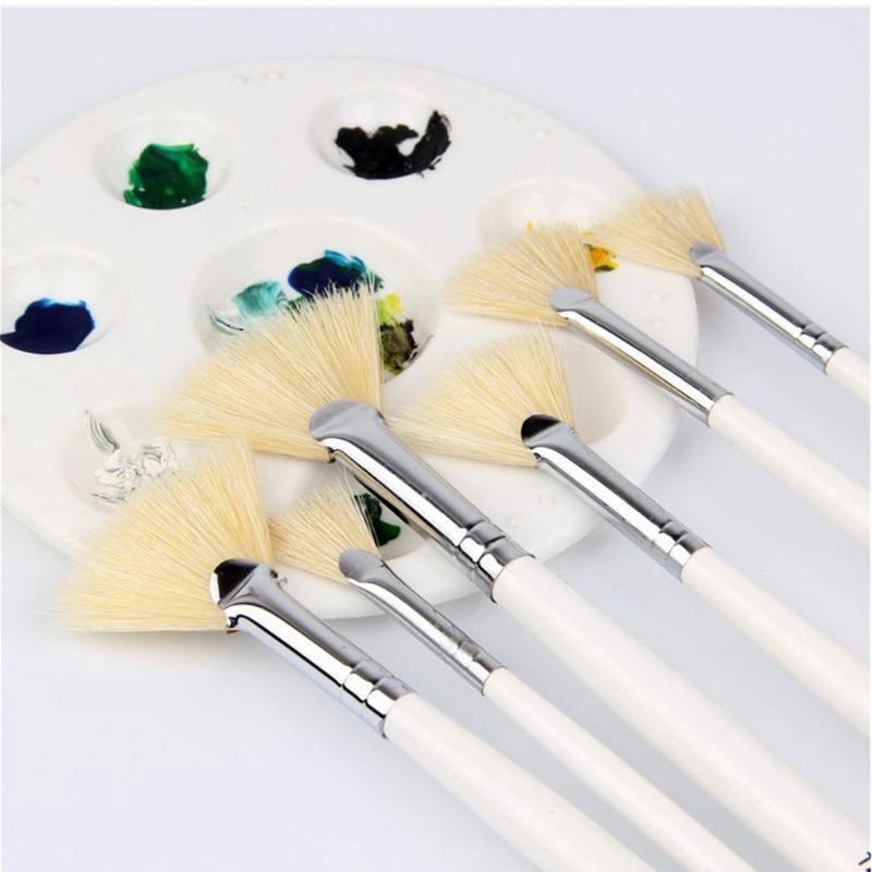 6pcs Set Fan Shape Pig Bristles Oil Painting Brush Wood Rod Oil Painting Brush