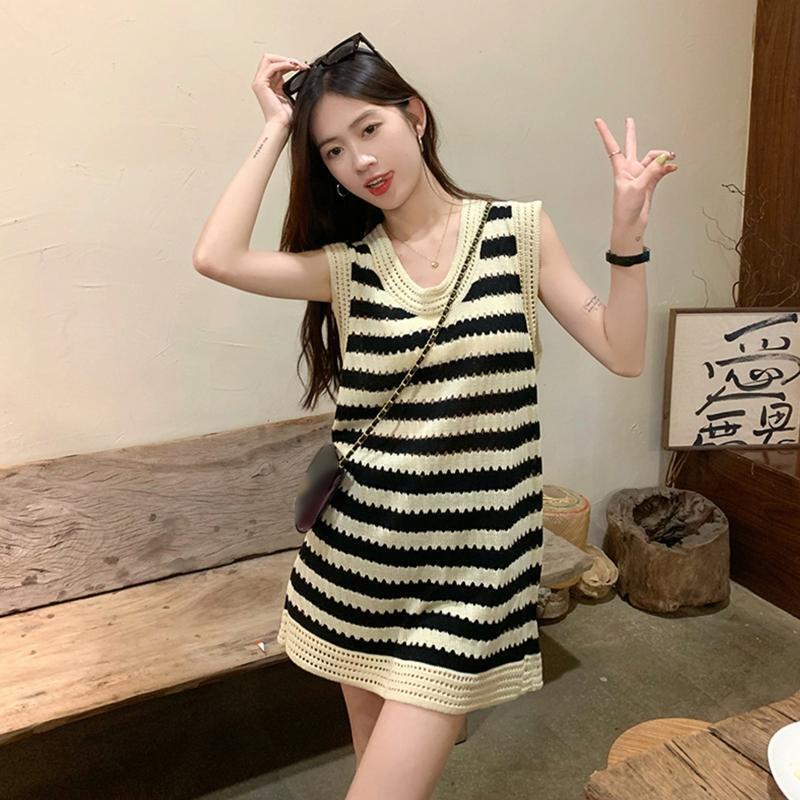 Women Hollow Out Knit Sleeveless Striped Beach Holiday Loose Mini Sweater Dress