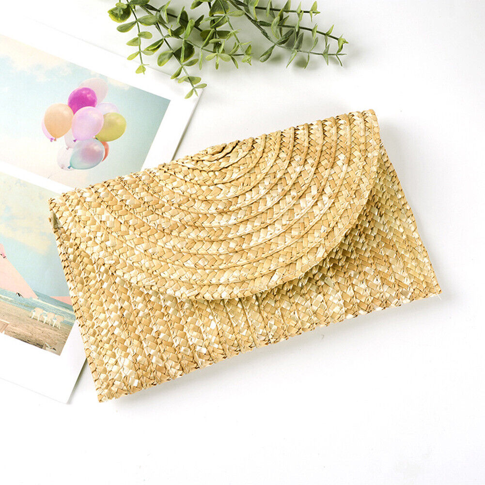 Women Wheat Straw Woven Clutch Bag Handmade Beach Travel Envelope Handbags