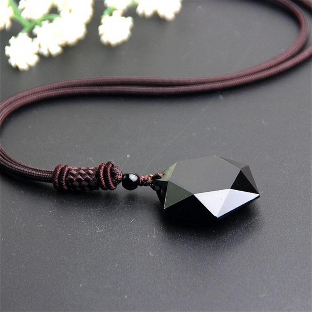 Men Blessing Jewelry Lucky Obsidian Pendant Necklace Amulet Hexagram Shape