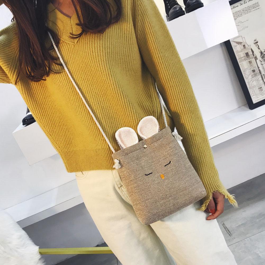 Women Rabbit Shape Cotton Linen Small Shoulder Bag Crossbody Bag(Khaki)