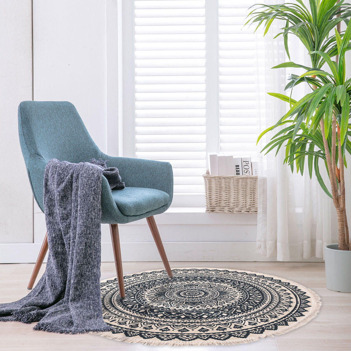 Hand Woven Rugs - Living Room Bedroom Carpet with Tassel (Blue Black 60cm)
