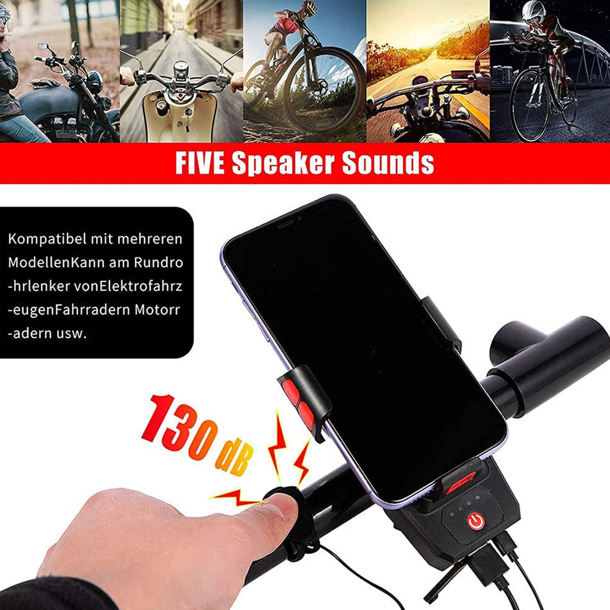 Bicycle LED Light Set with Phone Rack & Horn Alert & Power Bank Waterproof