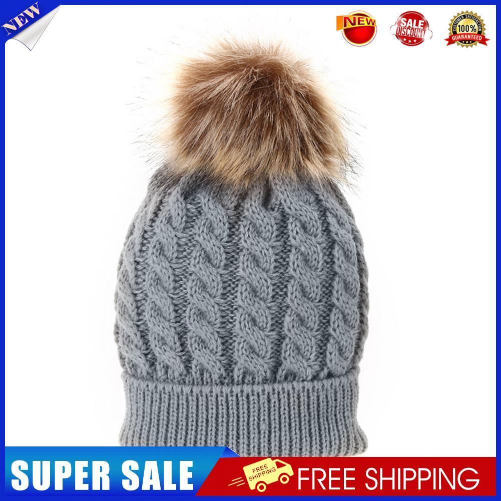 Mom Baby Kid Warm Raccoon Fur Bobble Beanie Cotton Knitted Parent-Child Hat