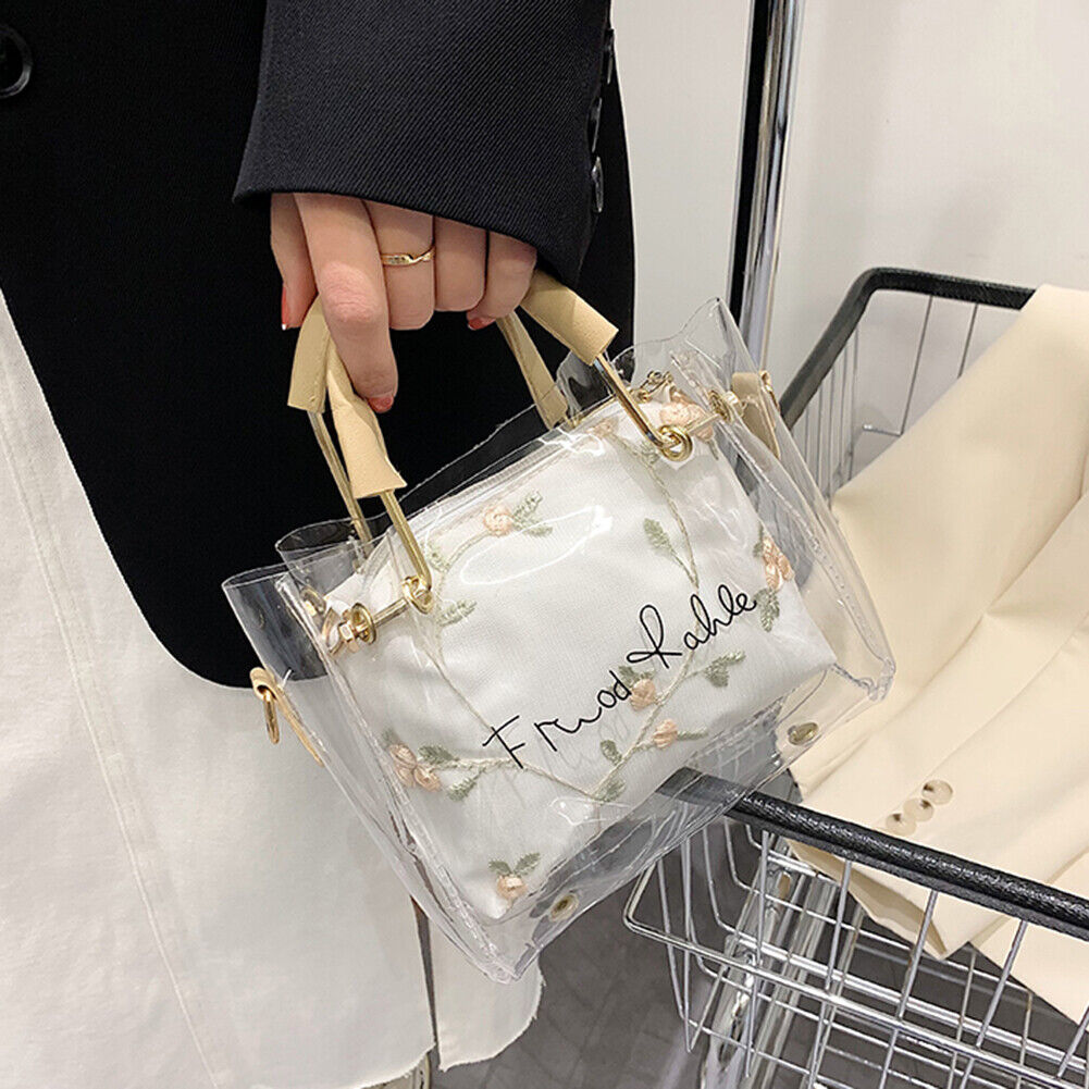 Women PVC Transparent Portable Shoulder Messenger Bag Jelly Chain Tote Bag