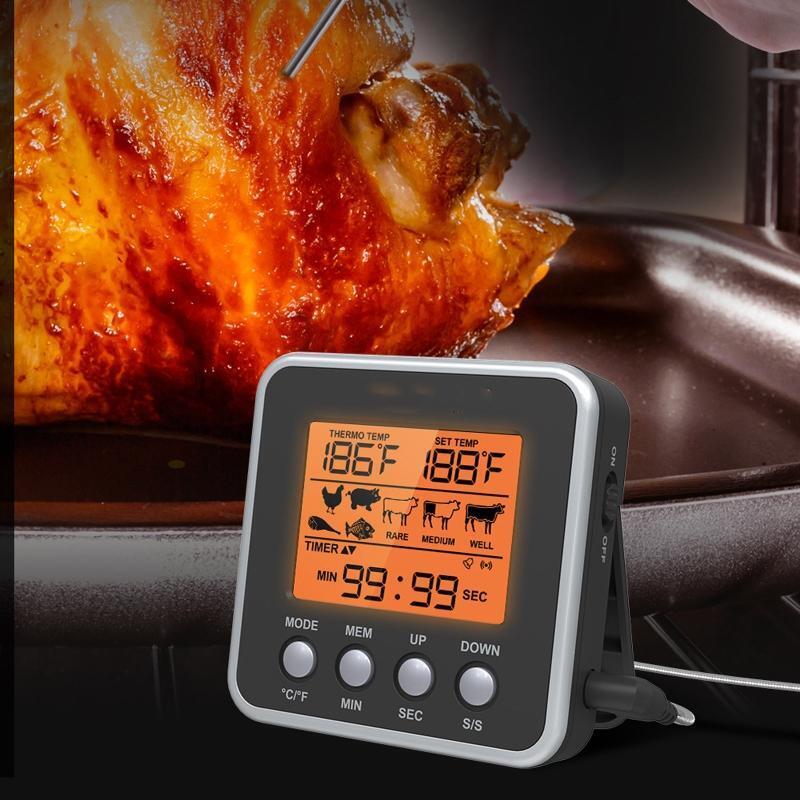 Cooking Food Candy Thermometer Timer with Stainless Steel Probe Backlight