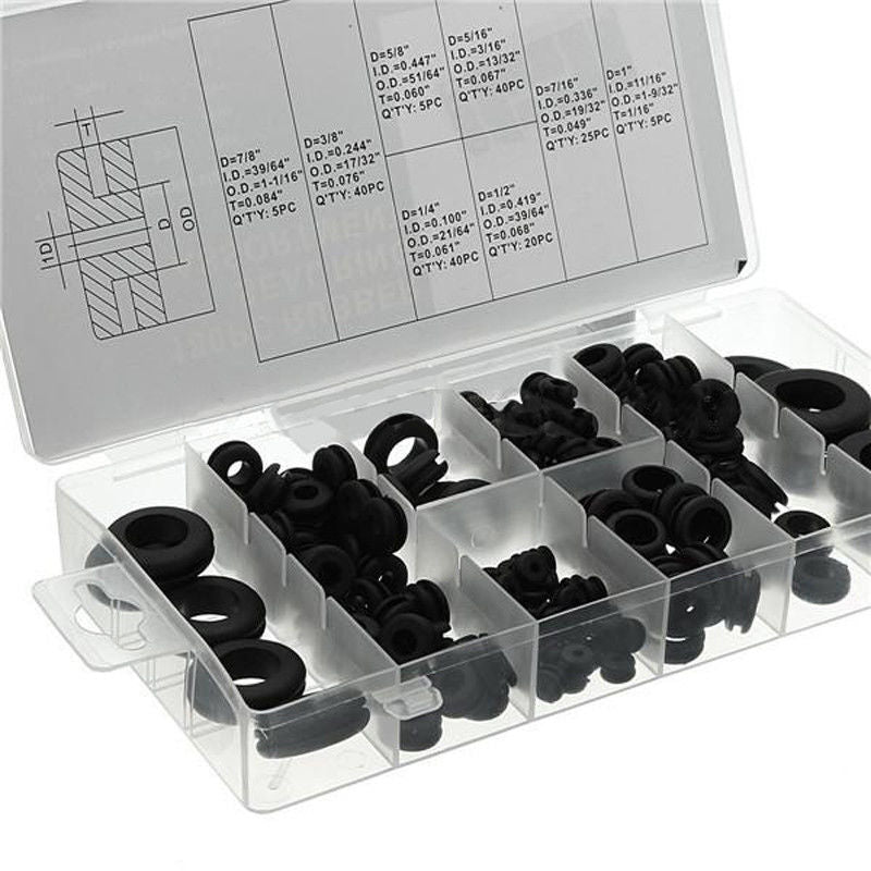 180pcs Black Rubber Grommet Assortment Sealing Wire Gasket Kit 8 Popular Sizes