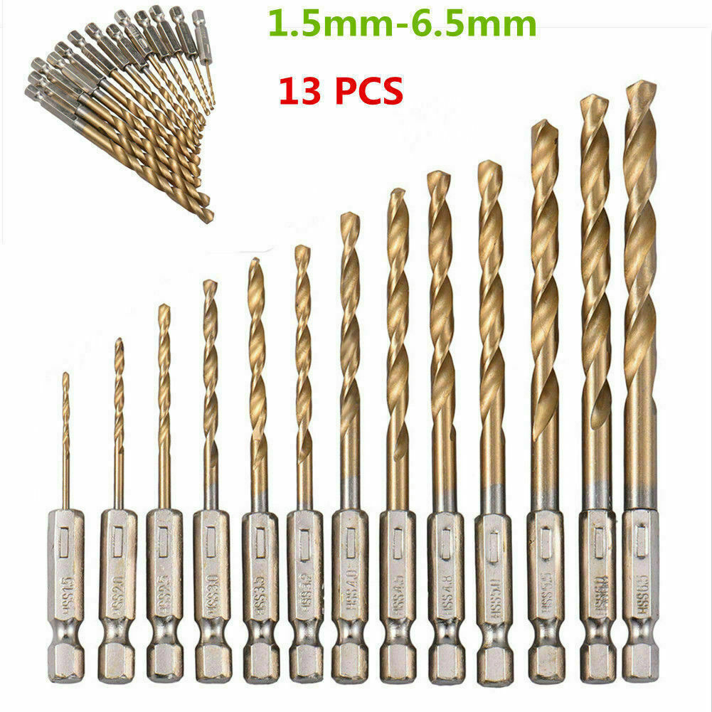 13pc 1/4" Hex Fitting Titanium Drill Bit Set For Metal Wood fits impact