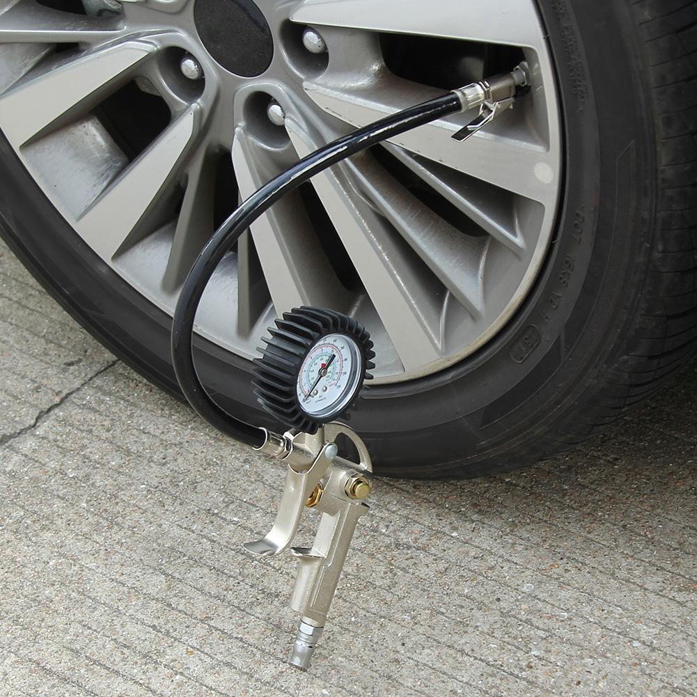 Lock On Chuck Flexible Hose Tire Inflator with Air Pressure Gauge Pistol