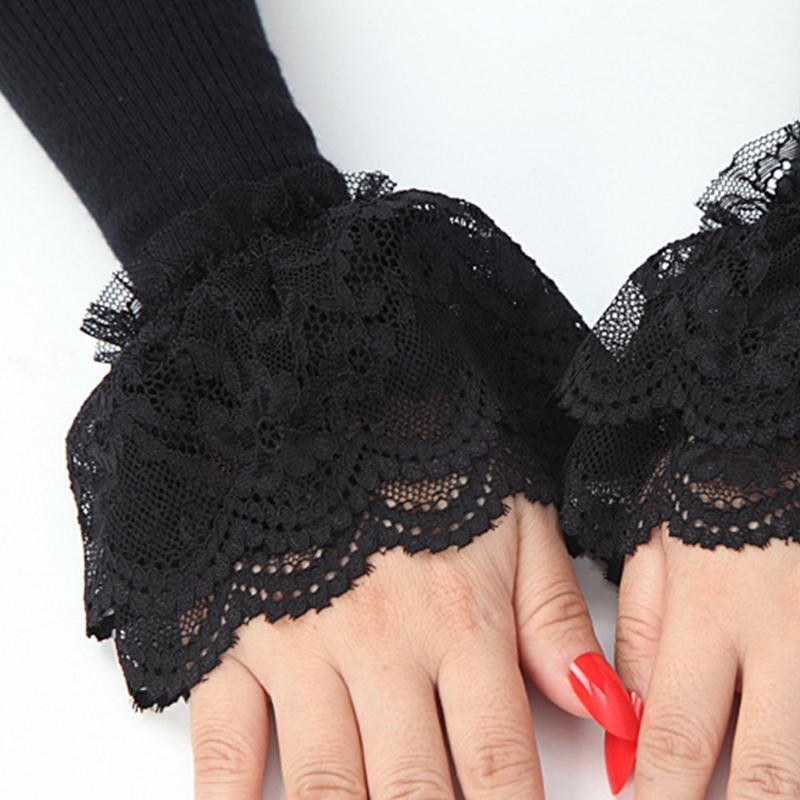 Women Double Layer Ruffles Lace Patchwork Arm Warmers Knitted Fingerless Gloves