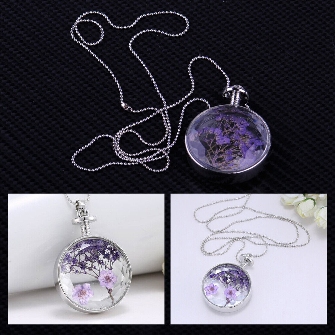 Natural Real Dried Lavender Flower Perfume Bottle Pendant Locket Necklace Li