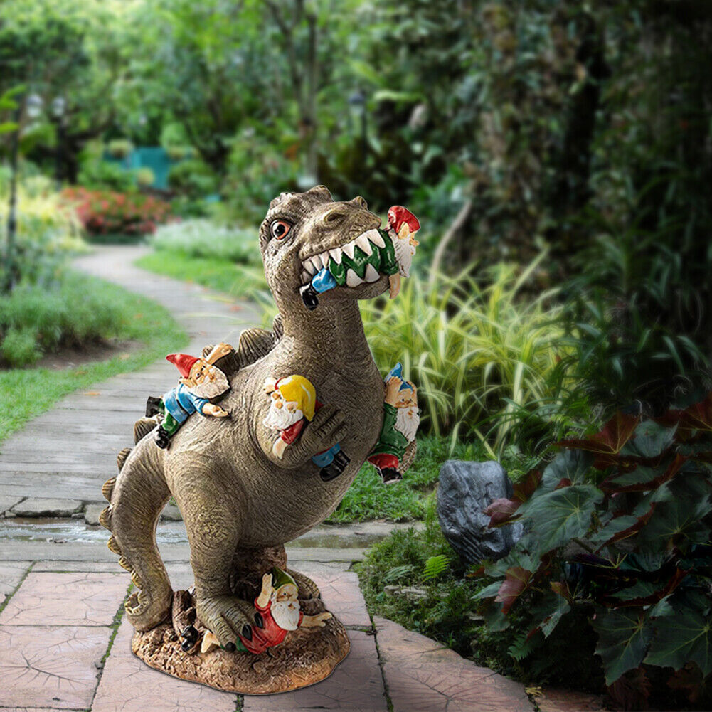 Dinosaur Eating Gnomes Garden Statue Outdoor Art Sculpture for Patio (S)
