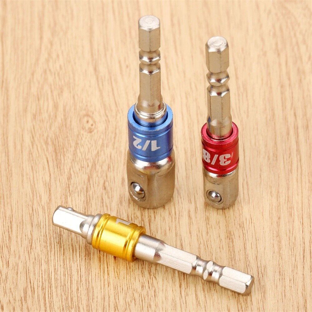 Aluminum Alloy Power Drill Bit Socket Adapter 1/4" 3/8" 1/2" Driver Tool 3pc New