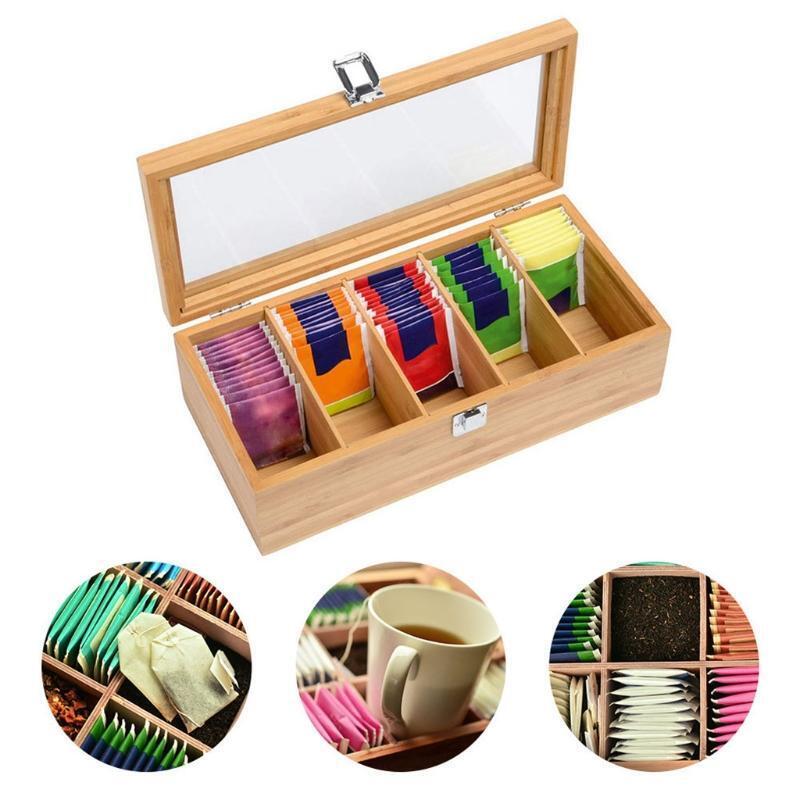 Multi-purpose Tea Box Organizer with 5 Deep Compartments for Tea Bags