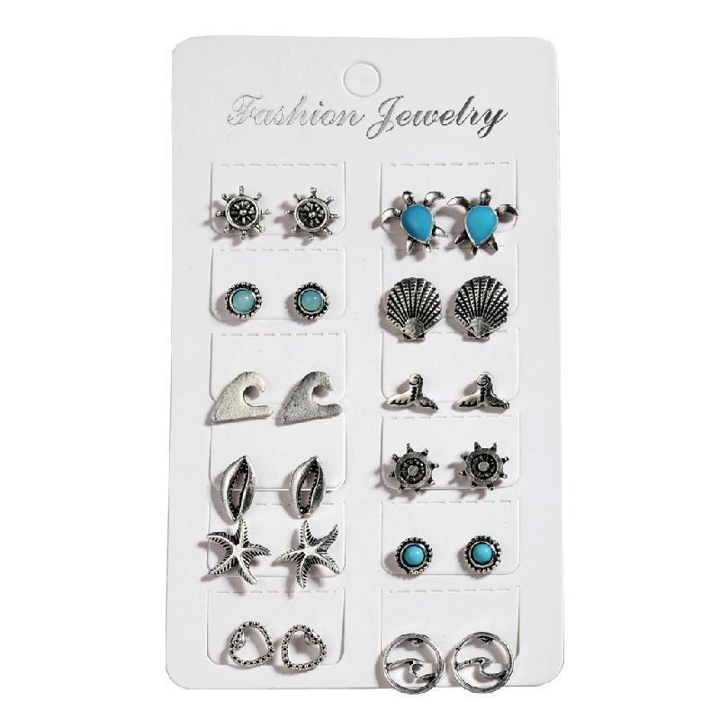 12 Pairs Mixed Turtle Starfish Shell Stud Earrings Set Attractive Beach Earrings