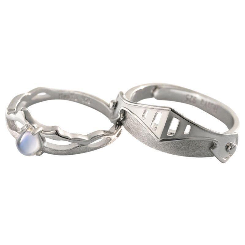 2x Princess and Knight Matching Rings Moonstone Adjustable Open Band Couple Ring
