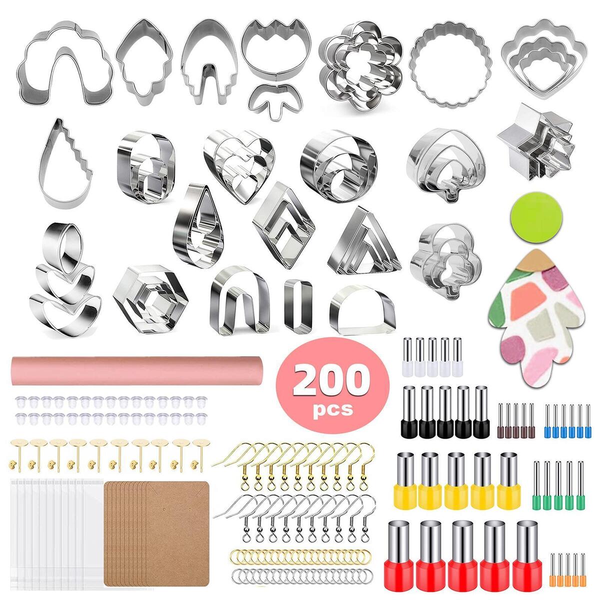 200Pcs Polymer Clay Cutter Set Earring Tool with Earring Cards Hooks for DIY