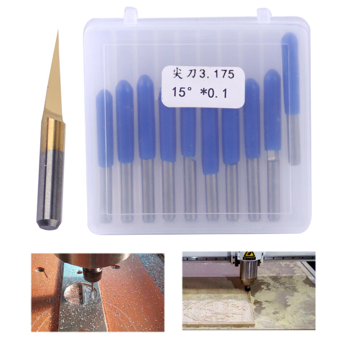 10pcs Titanium Coated Carbide PCB Engraving CNC Bit Router Tool 15 Deg 0.1mm Li