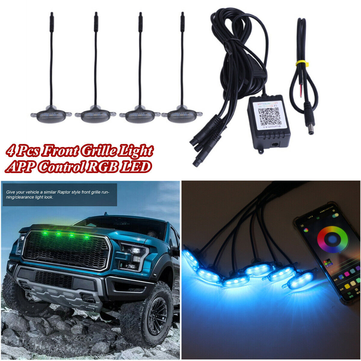 4x Raptor Style Smoked Lens RGB LED Front Grille Light APP Control For F150 F250