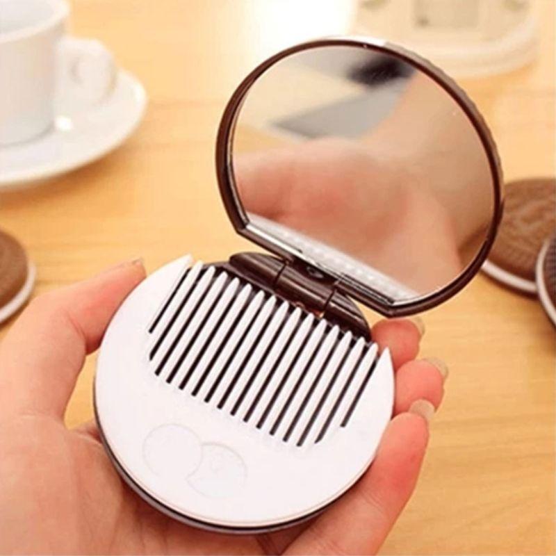 Women Girls Chocolate Cookie Mini Pocket Mirror With Comb Princess Portable