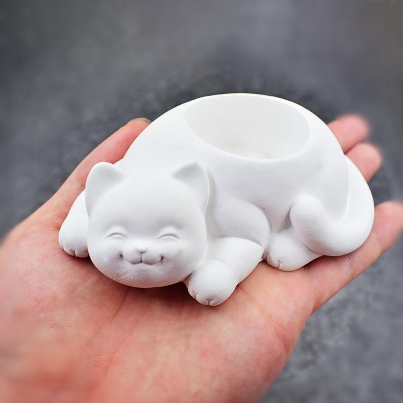Cat Silicone Flower Pot Mold Cactus Succulent Planter Candlestick Gypsum Mould