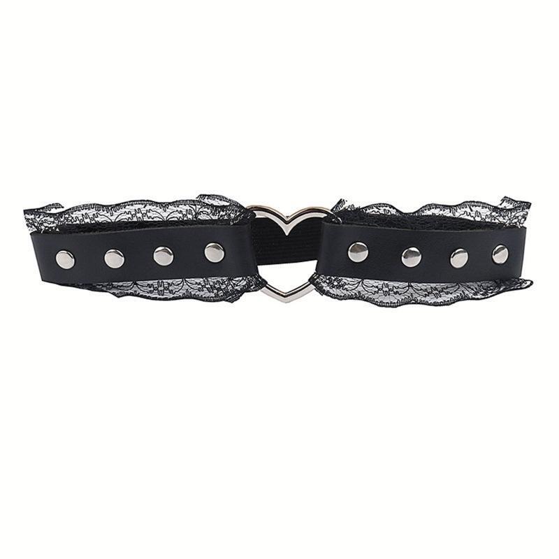 Women Punk PU Leather Belt with Pleated Lace Ladies Gothic Rock Leg Chain