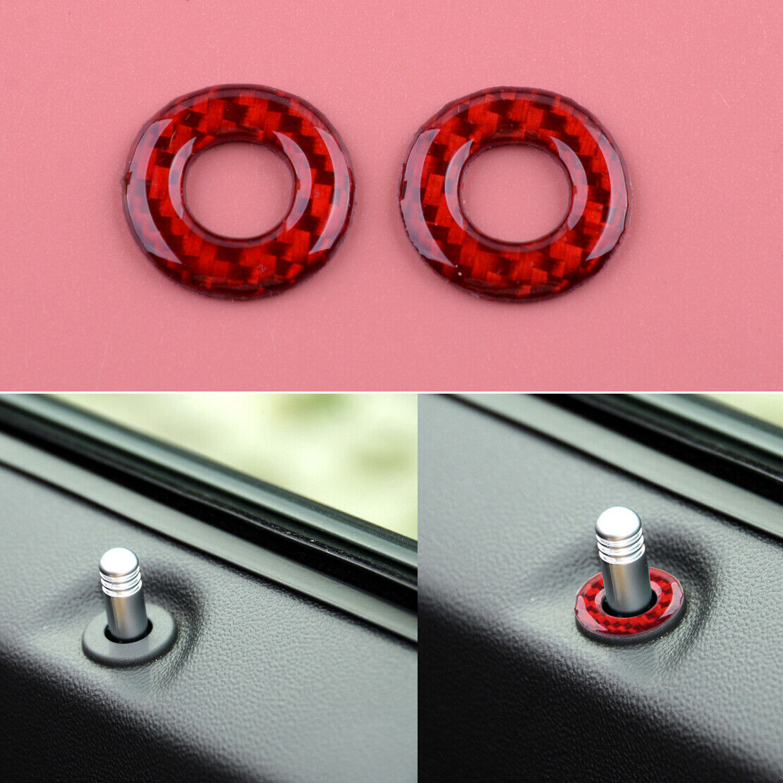 Carbon Fiber Red Door Lock Pin Cover Trim Fit for Dodge Challenger 2008-2014