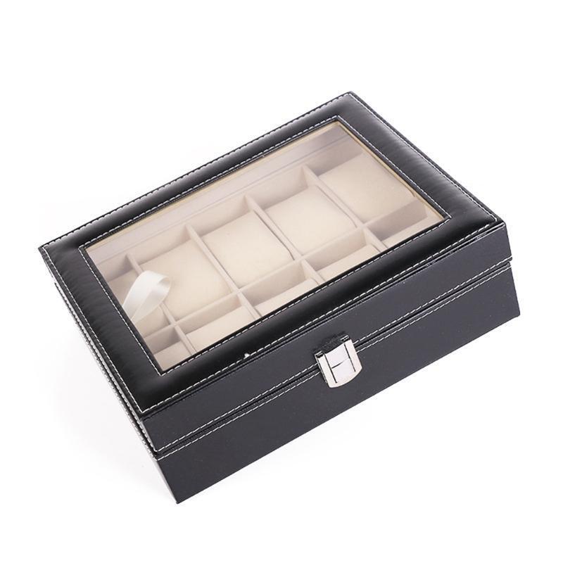 10 Grids Watch Box PU Leather Watches Display Case Jewelry Organizer with Lock