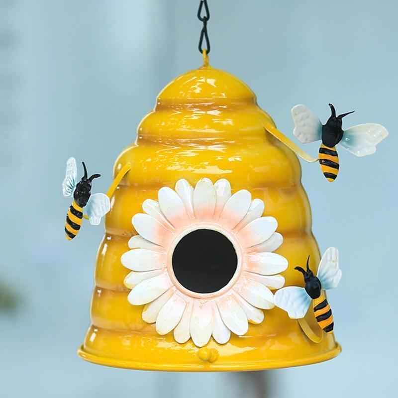 Metal Bird House Durable Garden Decoration Bee and Flowers Decorative Birdhouse