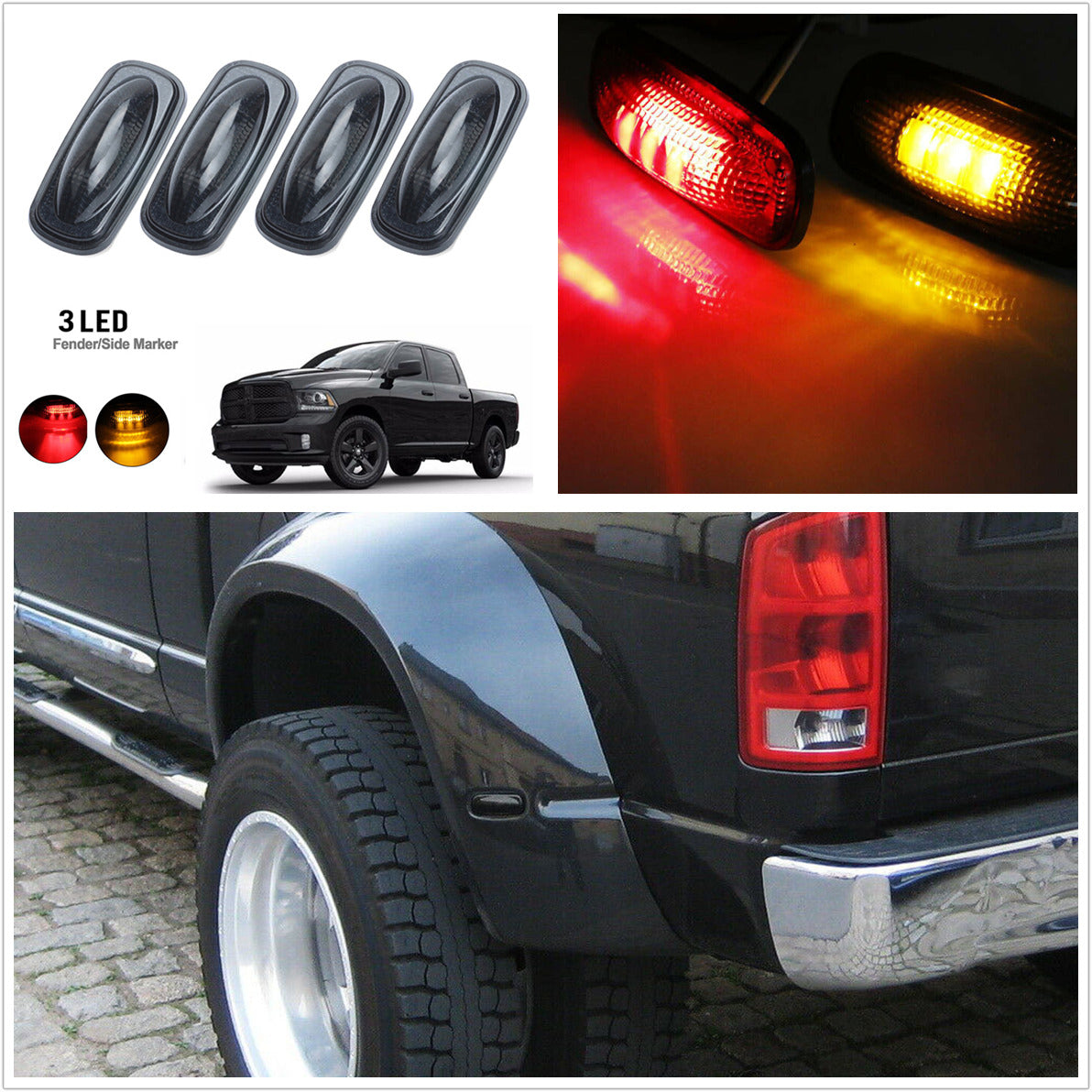 4 x Smoked Lens Amber+Red LED Fender Side Marker Light For 2003-08 Ram 2500 3500