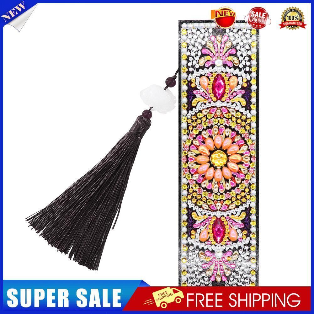 5D DIY Diamond Painting Round Plate Leather Bookmark Ornaments with Tassel