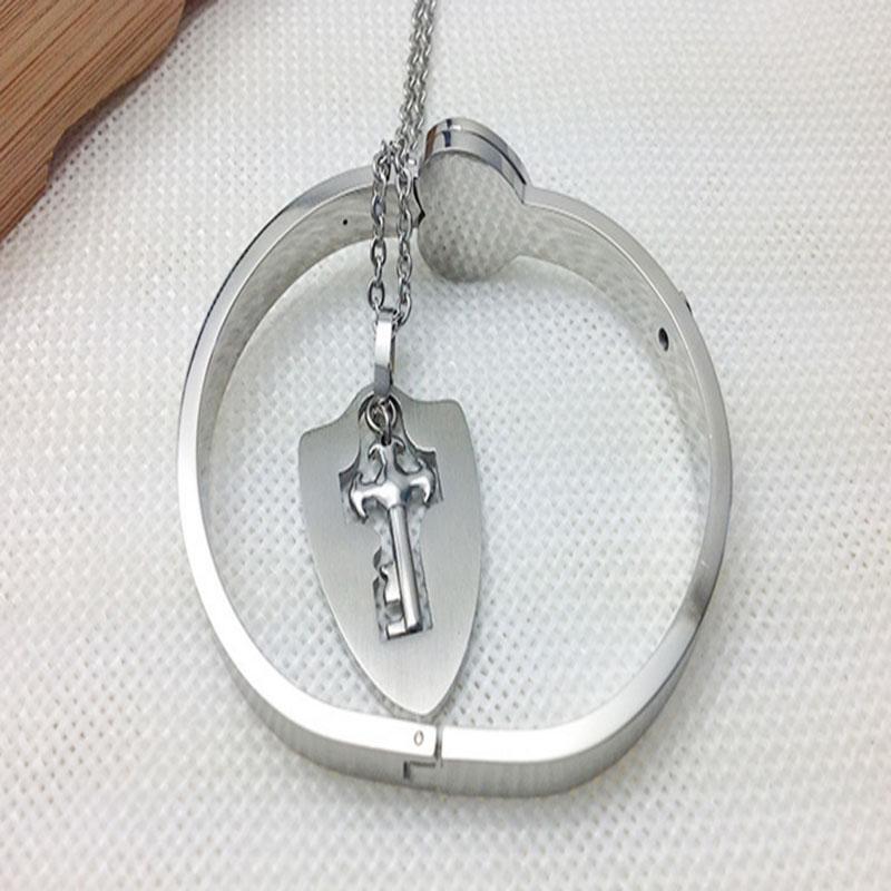 Couple Titanium Steel Lock Bangle Bracelet & Key Pendant Necklace Love Sets Gift