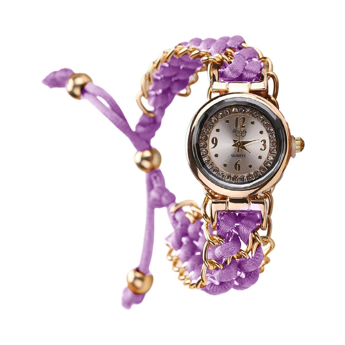2Pcs Diamond Lady Quartz Watch Women Braided Rope Band Wrist Watch Gifts