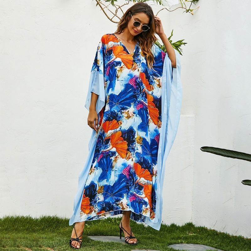 Women Middle East Long Dress 3/4 Sleeve Abstract Floral Beach Cover Up Kaftan