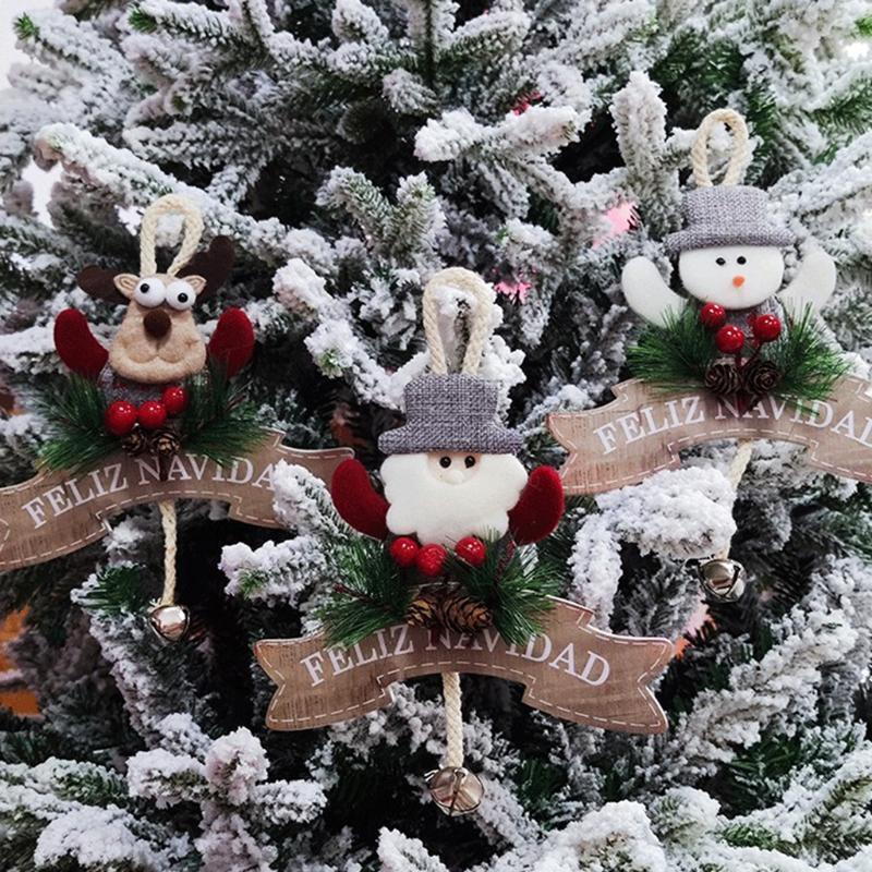 3Pcs Christmas Tree Wooden Pendant Santa Elk Hanging Sign Plaque with Pine Cone