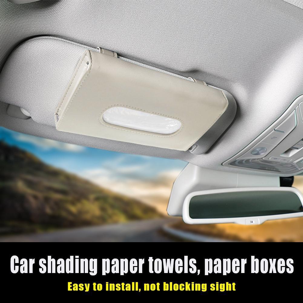 Car Sun Visor Tissue Box PU Leather Paper Napkin Cover Auto Styling (Beige)