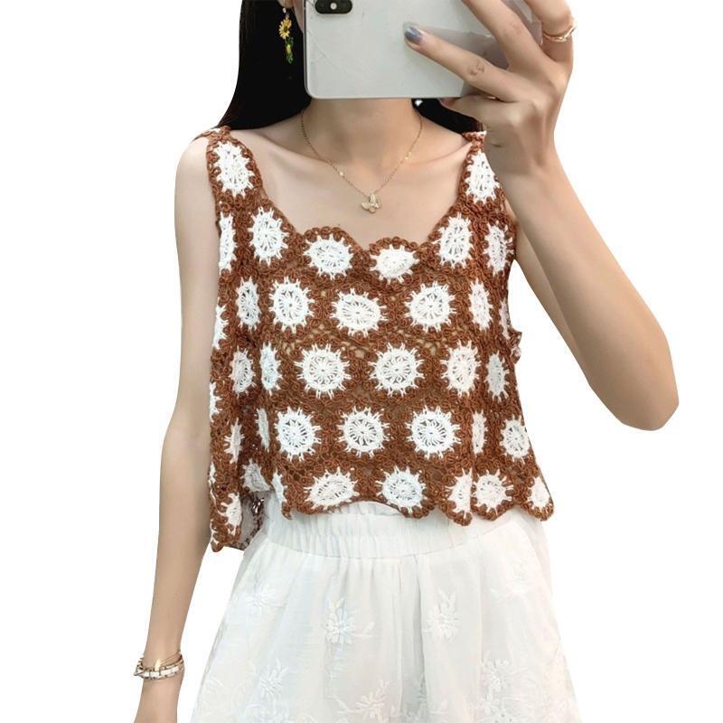 Hollow Knit Contrast Color Beach Crop Tank Top Women Crochet Flower Camisole