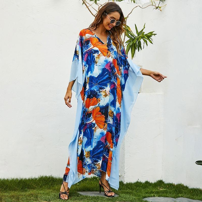 Women Middle East Long Dress 3/4 Sleeve Abstract Floral Beach Cover Up Kaftan