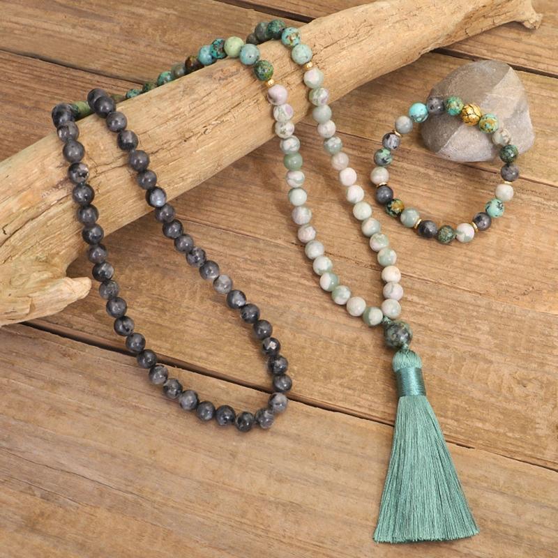Long Strand Boho Fashion Necklace Bracelet Set Turquoise Beads Necklace Tassel