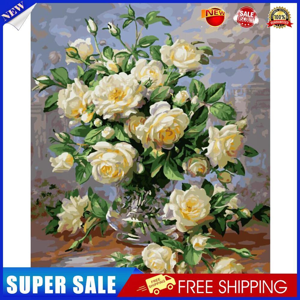 30x40cm White Rose DIY Paint By Numbers Oil Painting Kit Canvas
